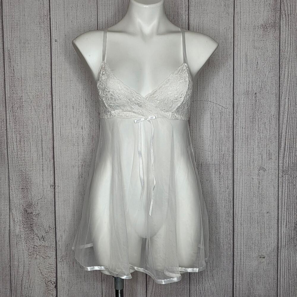 VTG Petra Fashions White Sheer & Lace Empire Waist Slip Dress Lingerie Sz Medium